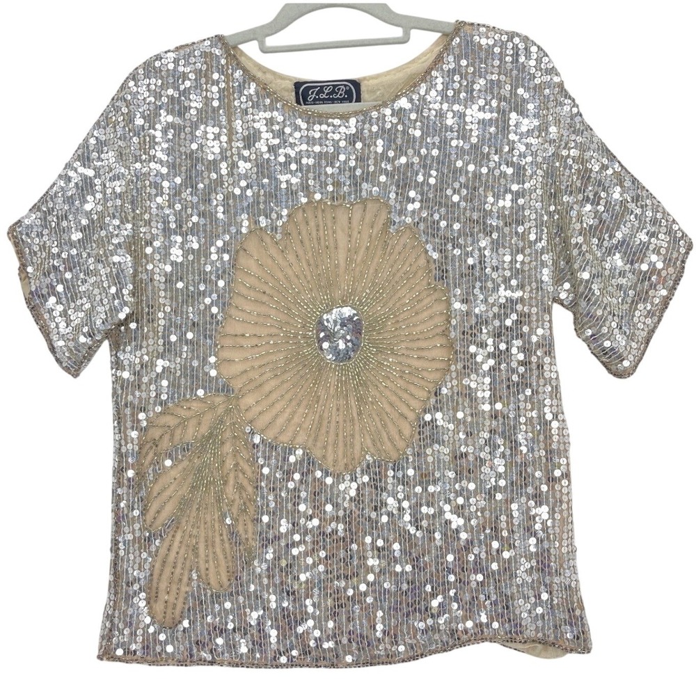 Vintage 80s J.L.B. Silver Sequin Beaded Floral Silk Top M Vintage Glam